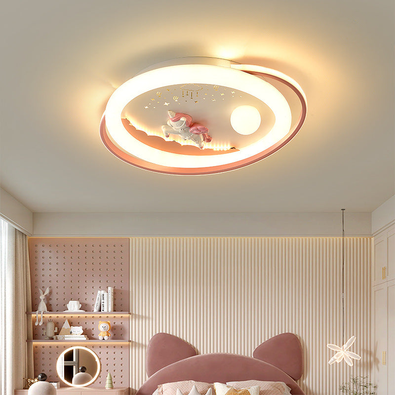 Lustre Plafonnier LED en Résine Acrylique Fer Rond Fusée Astronaute Licorne Créative Contemporaine pour Chambre 