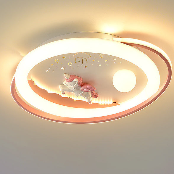 Lustre Plafonnier LED en Résine Acrylique Fer Rond Fusée Astronaute Licorne Créative Contemporaine pour Chambre 