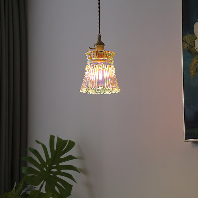Forme de jupe rétro contemporaine Abat-jour en verre transparent Cuivre 1/3 - Suspension lumineuse pour salon 