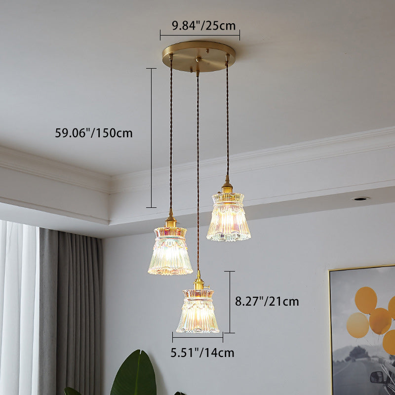 Forme de jupe rétro contemporaine Abat-jour en verre transparent Cuivre 1/3 - Suspension lumineuse pour salon 