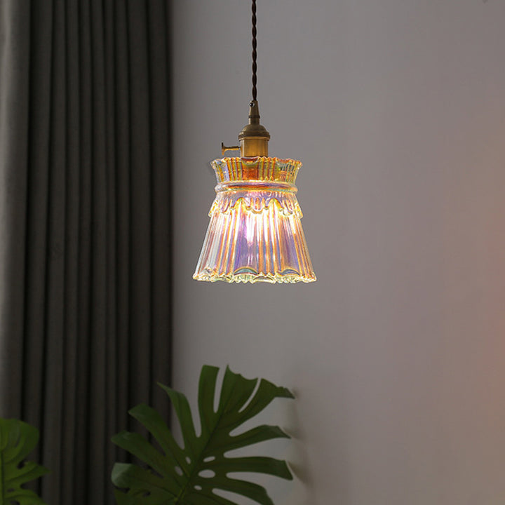 Forme de jupe rétro contemporaine Abat-jour en verre transparent Cuivre 1/3 - Suspension lumineuse pour salon 