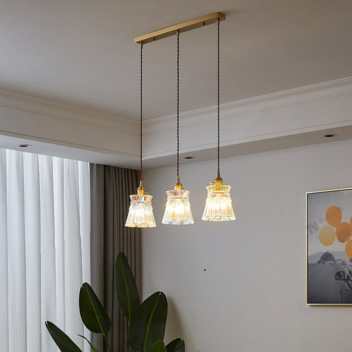 Forme de jupe rétro contemporaine Abat-jour en verre transparent Cuivre 1/3 - Suspension lumineuse pour salon 
