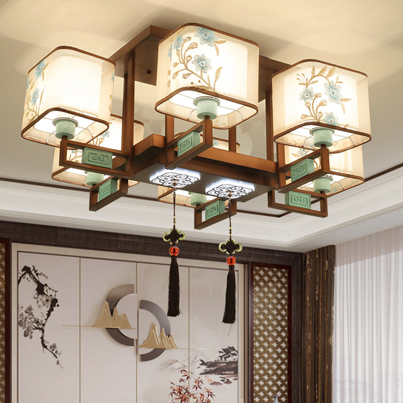Traditional Chinese Square Fabric Pattern Embroidery Lampshade Iron 4/6/8 - Light Chandeliers For Living Room