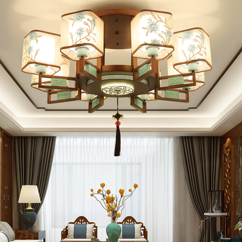 Traditional Chinese Square Fabric Pattern Embroidery Lampshade Iron 4/6/8 - Light Chandeliers For Living Room