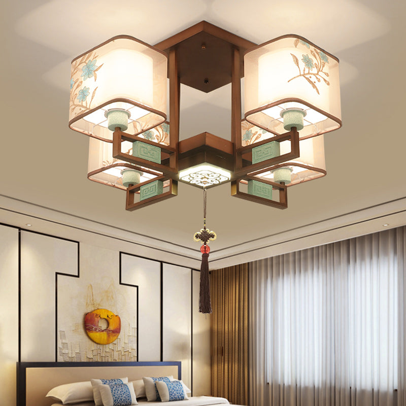 Traditional Chinese Square Fabric Pattern Embroidery Lampshade Iron 4/6/8 - Light Chandeliers For Living Room