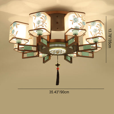 Traditional Chinese Square Fabric Pattern Embroidery Lampshade Iron 4/6/8 - Light Chandeliers For Living Room