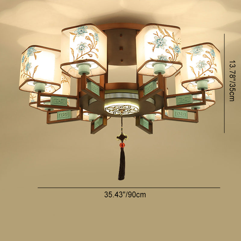 Traditional Chinese Square Fabric Pattern Embroidery Lampshade Iron 4/6/8 - Light Chandeliers For Living Room