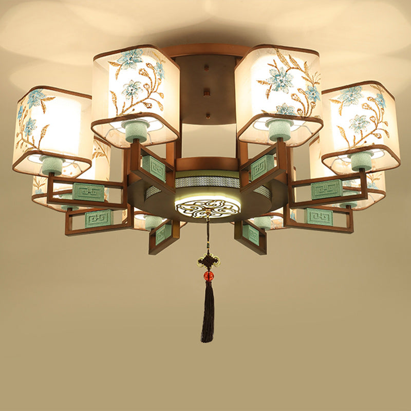 Traditional Chinese Square Fabric Pattern Embroidery Lampshade Iron 4/6/8 - Light Chandeliers For Living Room