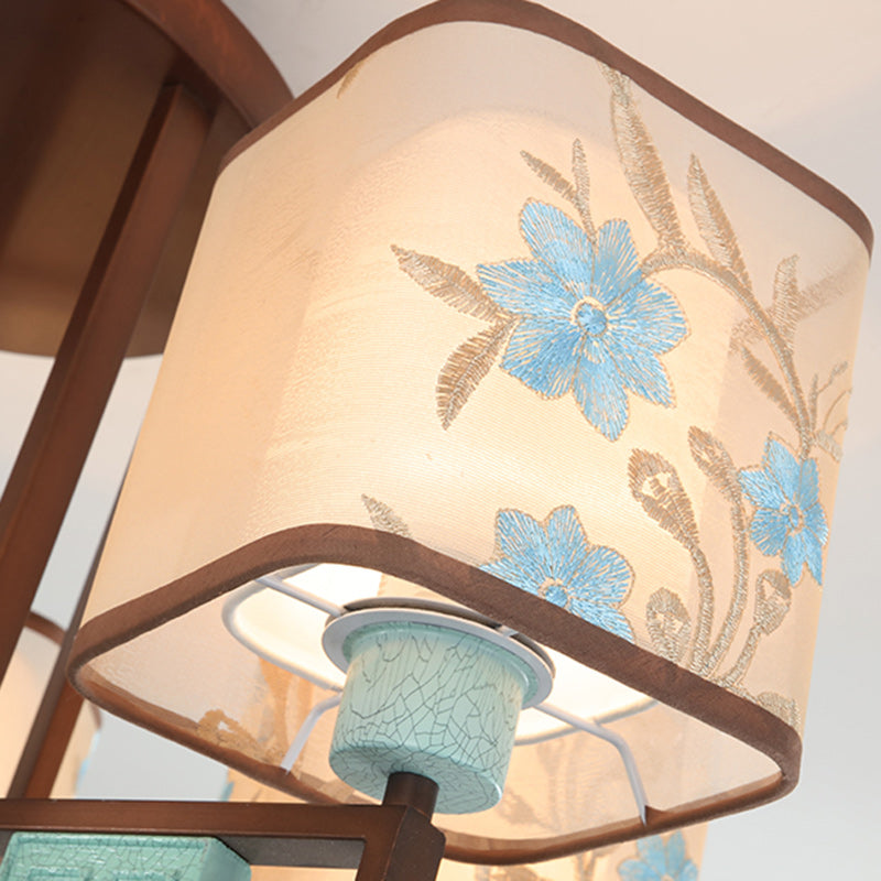 Traditional Chinese Square Fabric Pattern Embroidery Lampshade Iron 4/6/8 - Light Chandeliers For Living Room