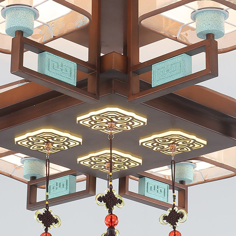 Traditional Chinese Square Fabric Pattern Embroidery Lampshade Iron 4/6/8 - Light Chandeliers For Living Room