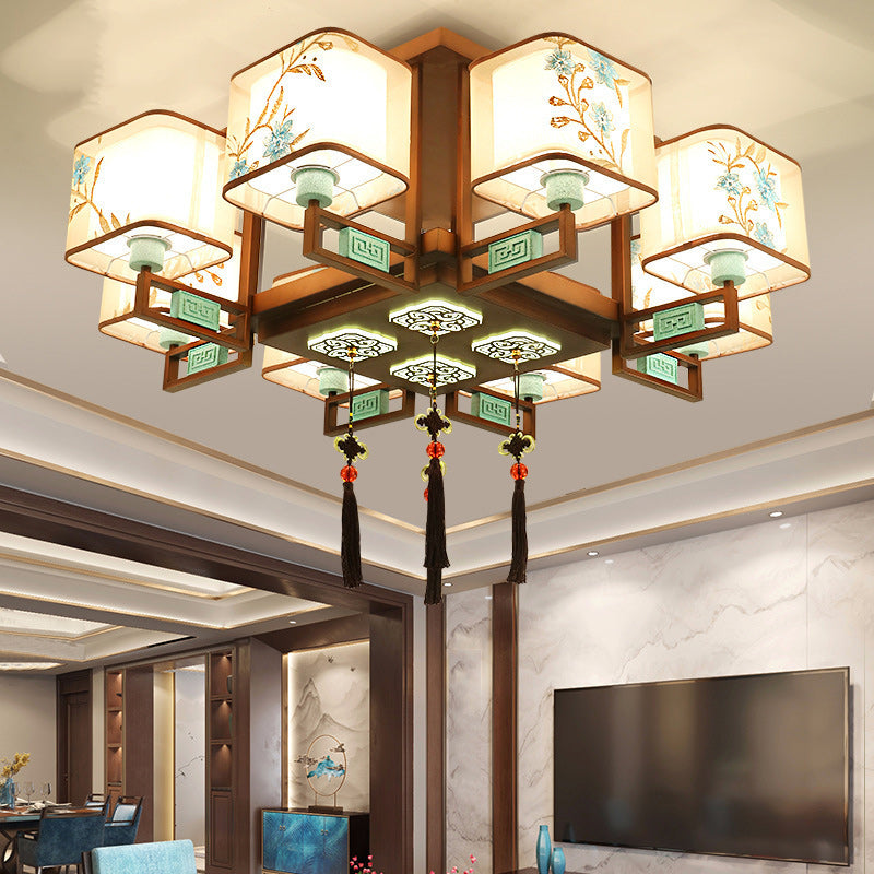 Traditional Chinese Square Fabric Pattern Embroidery Lampshade Iron 4/6/8 - Light Chandeliers For Living Room