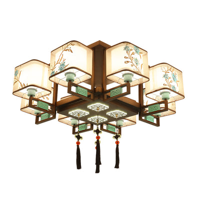 Traditional Chinese Square Fabric Pattern Embroidery Lampshade Iron 4/6/8 - Light Chandeliers For Living Room