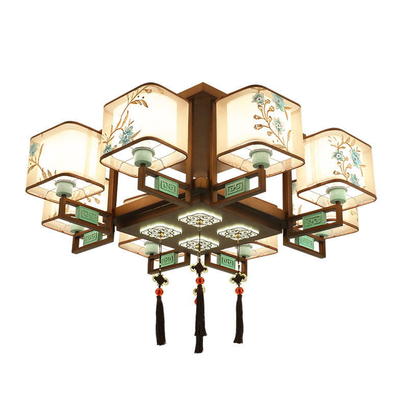Traditional Chinese Square Fabric Pattern Embroidery Lampshade Iron 4/6/8 - Light Chandeliers For Living Room