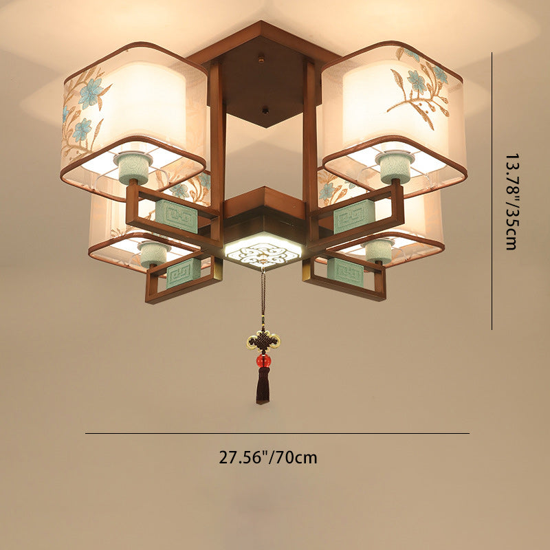 Traditional Chinese Square Fabric Pattern Embroidery Lampshade Iron 4/6/8 - Light Chandeliers For Living Room