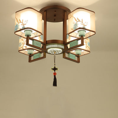 Traditional Chinese Square Fabric Pattern Embroidery Lampshade Iron 4/6/8 - Light Chandeliers For Living Room