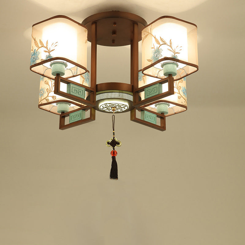 Traditional Chinese Square Fabric Pattern Embroidery Lampshade Iron 4/6/8 - Light Chandeliers For Living Room