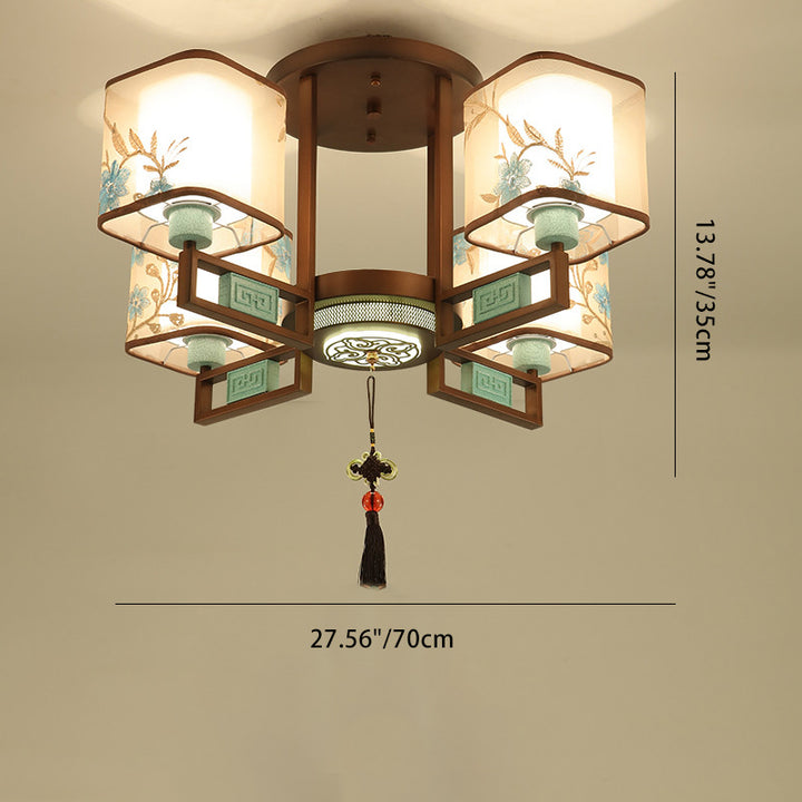 Abat-jour en fer à broderie de motif de tissu carré chinois traditionnel 4/6/8 - Lustres lumineux pour salon 