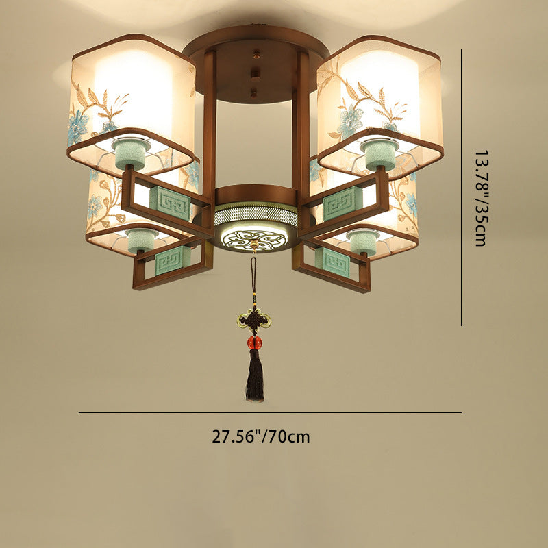 Traditional Chinese Square Fabric Pattern Embroidery Lampshade Iron 4/6/8 - Light Chandeliers For Living Room