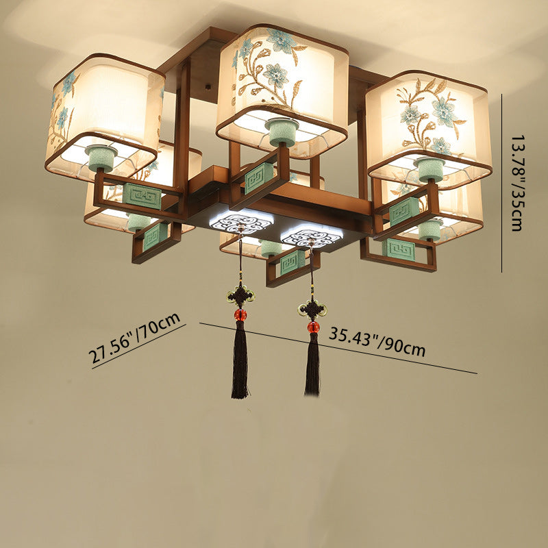 Traditional Chinese Square Fabric Pattern Embroidery Lampshade Iron 4/6/8 - Light Chandeliers For Living Room