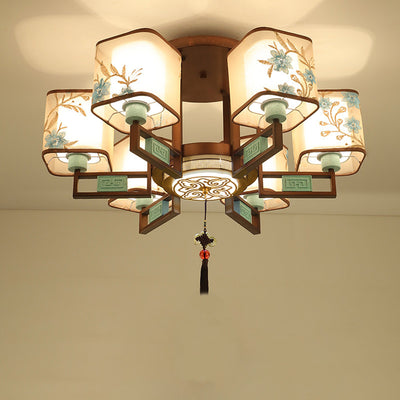 Traditional Chinese Square Fabric Pattern Embroidery Lampshade Iron 4/6/8 - Light Chandeliers For Living Room
