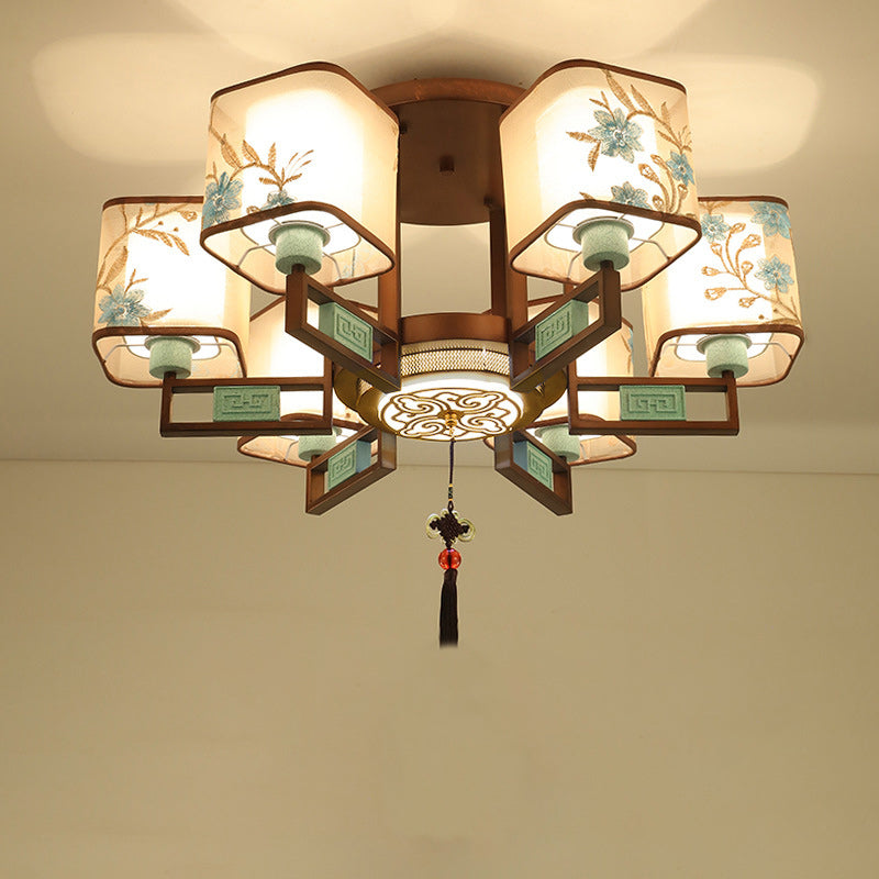Traditional Chinese Square Fabric Pattern Embroidery Lampshade Iron 4/6/8 - Light Chandeliers For Living Room