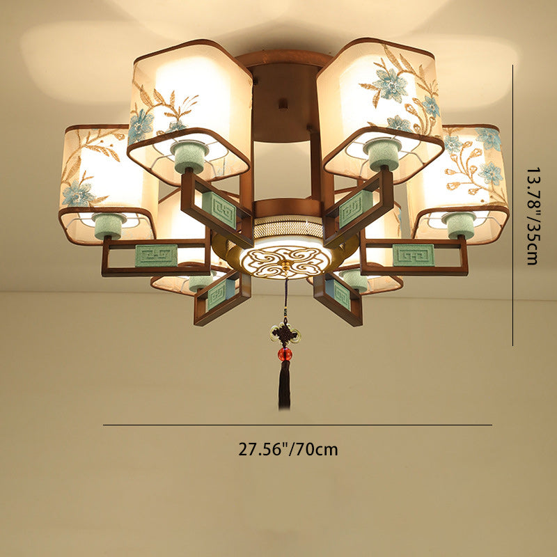 Traditional Chinese Square Fabric Pattern Embroidery Lampshade Iron 4/6/8 - Light Chandeliers For Living Room