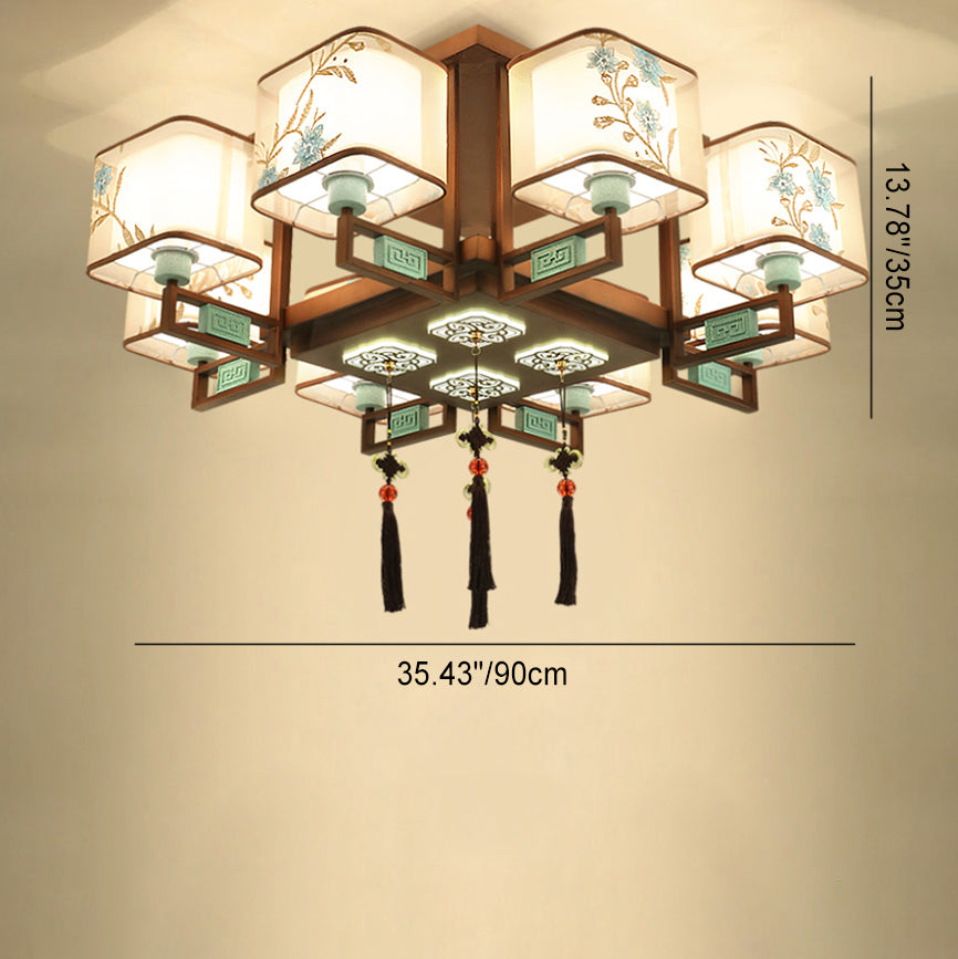 Abat-jour en fer à broderie de motif de tissu carré chinois traditionnel 4/6/8 - Lustres lumineux pour salon 