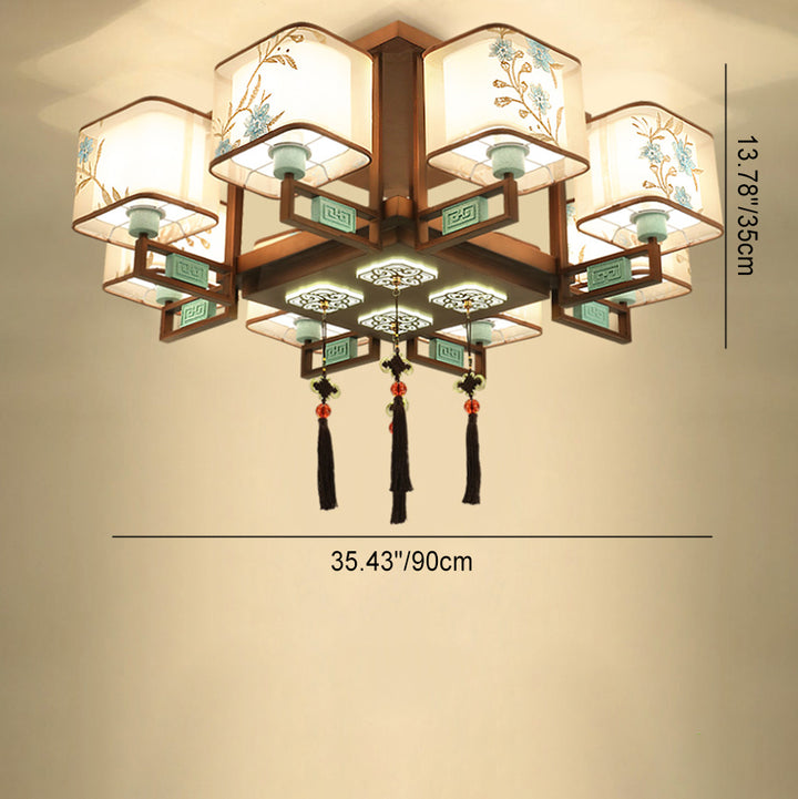 Abat-jour en fer à broderie de motif de tissu carré chinois traditionnel 4/6/8 - Lustres lumineux pour salon 