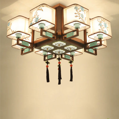 Traditional Chinese Square Fabric Pattern Embroidery Lampshade Iron 4/6/8 - Light Chandeliers For Living Room