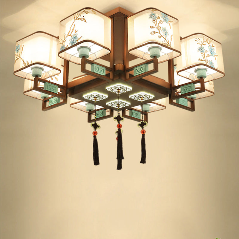 Traditional Chinese Square Fabric Pattern Embroidery Lampshade Iron 4/6/8 - Light Chandeliers For Living Room