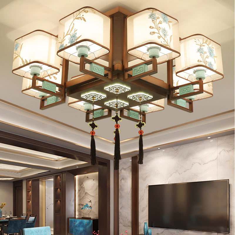 Traditional Chinese Square Fabric Pattern Embroidery Lampshade Iron 4/6/8 - Light Chandeliers For Living Room