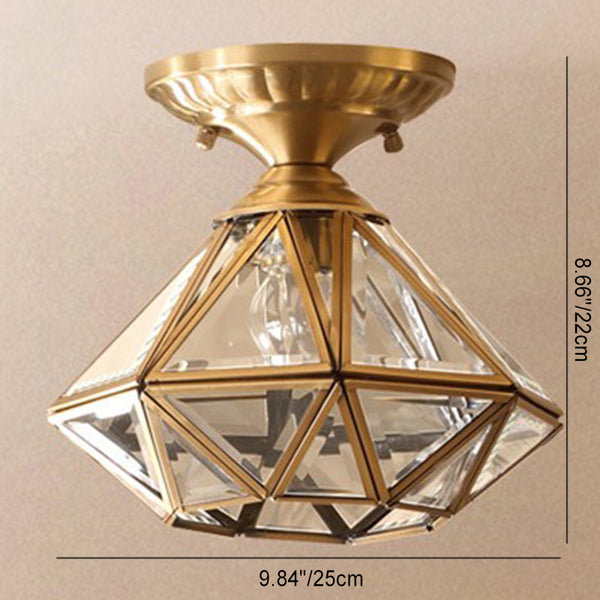 Moderne Luxuskuppel Diamantform Vollkupfer Glaslampenschirm 1 - Licht Halb bündige Deckenleuchte Für Flure 