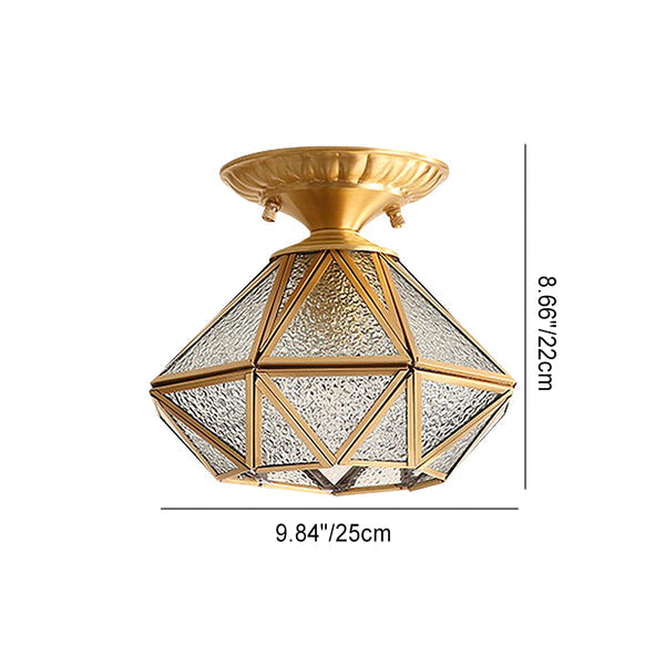 Lámpara de techo semiempotrada de 1 luz con pantalla de vidrio de forma de diamante de cúpula moderna de lujo de cobre completo para pasillos 