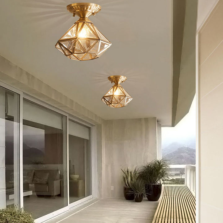 Lámpara de techo semiempotrada de 1 luz con pantalla de vidrio de forma de diamante de cúpula moderna de lujo de cobre completo para pasillos 