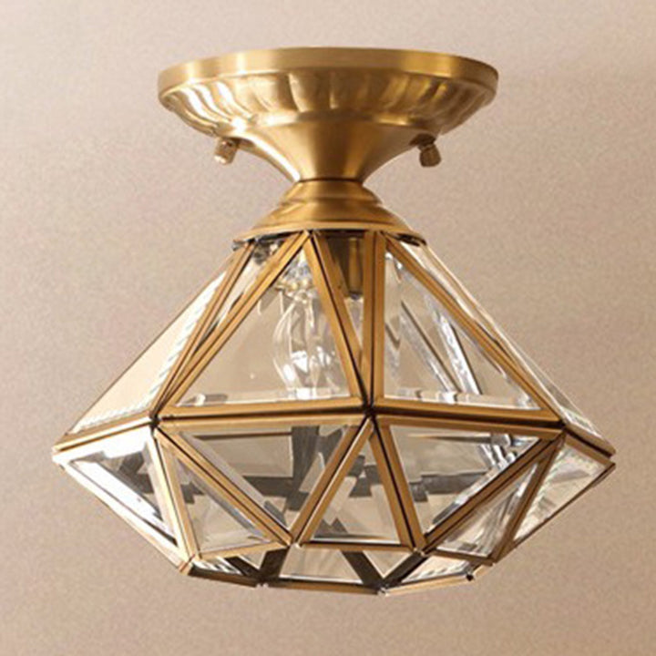 Moderne Luxuskuppel Diamantform Vollkupfer Glaslampenschirm 1 - Licht Halb bündige Deckenleuchte Für Flure 