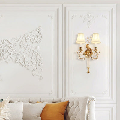 Traditionelle französische Phoenix Vollkupfer Stofflampenschirm Kristall 2-Licht Wandleuchte für Wohnzimmer 