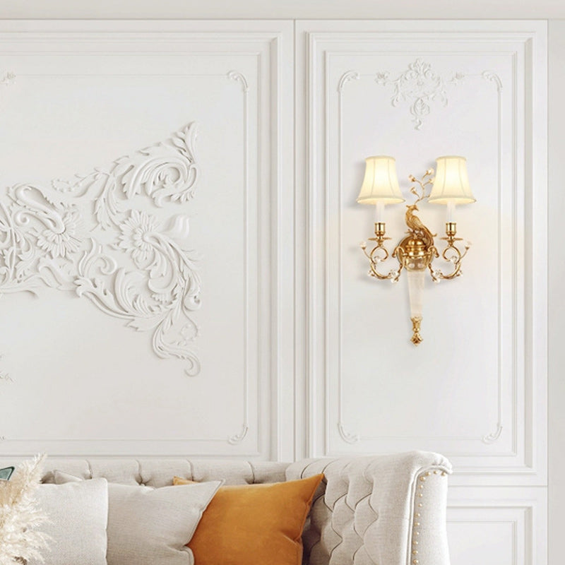 Traditionelle französische Phoenix Vollkupfer Stofflampenschirm Kristall 2-Licht Wandleuchte für Wohnzimmer 