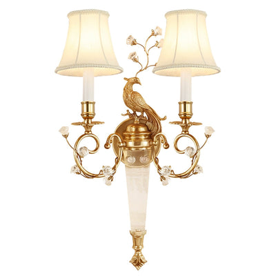 Traditionelle französische Phoenix Vollkupfer Stofflampenschirm Kristall 2-Licht Wandleuchte für Wohnzimmer 