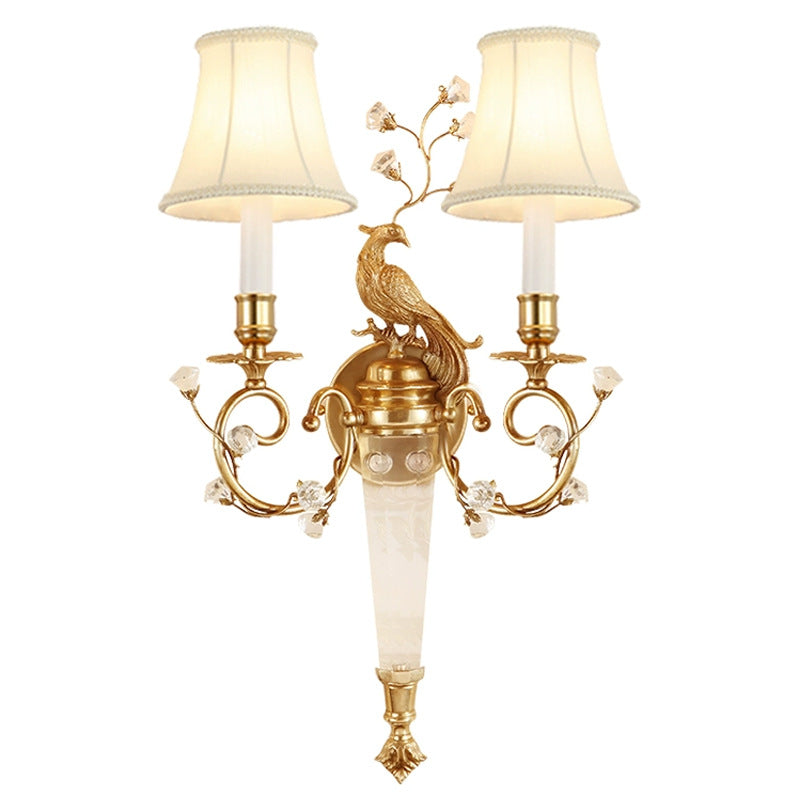 Traditionelle französische Phoenix Vollkupfer Stofflampenschirm Kristall 2-Licht Wandleuchte für Wohnzimmer 