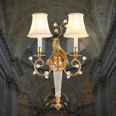 Traditionelle französische Phoenix Vollkupfer Stofflampenschirm Kristall 2-Licht Wandleuchte für Wohnzimmer 