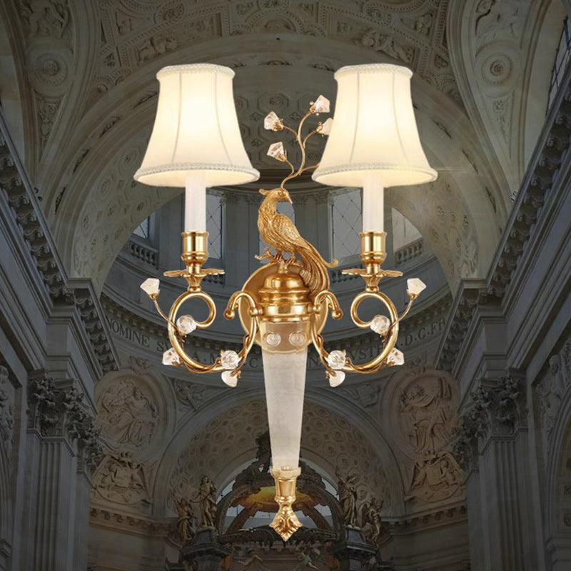 Traditionelle französische Phoenix Vollkupfer Stofflampenschirm Kristall 2-Licht Wandleuchte für Wohnzimmer 