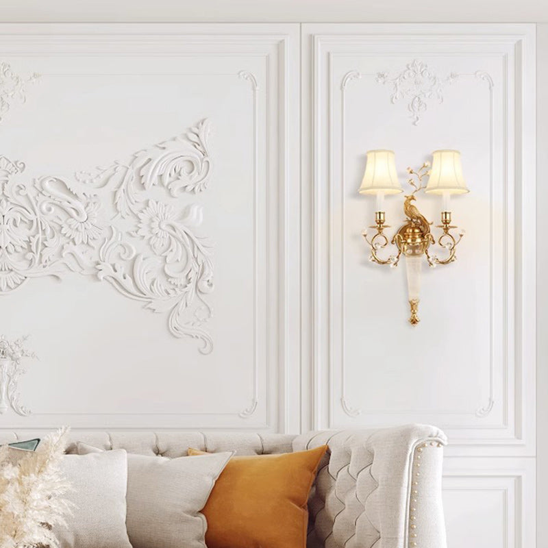 Traditionelle französische Phoenix Vollkupfer Stofflampenschirm Kristall 2-Licht Wandleuchte für Wohnzimmer 