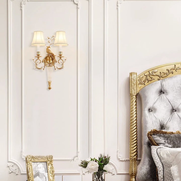 Lámpara de pared de 2 luces con pantalla de tela de cobre completo y cristal estilo tradicional francés Phoenix para sala de estar 