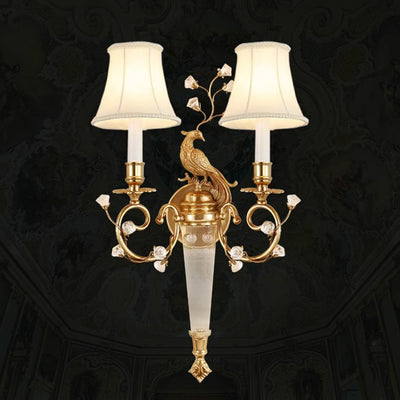 Traditionelle französische Phoenix Vollkupfer Stofflampenschirm Kristall 2-Licht Wandleuchte für Wohnzimmer 