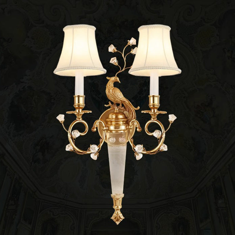 Traditionelle französische Phoenix Vollkupfer Stofflampenschirm Kristall 2-Licht Wandleuchte für Wohnzimmer 