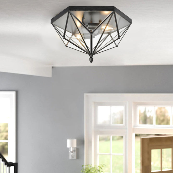 Zeitgenössische Einfachheit Polygonaler Kegel Vollkupfer Glas Lampenschirm 2 - Licht Deckenleuchte für Wohnzimmer 