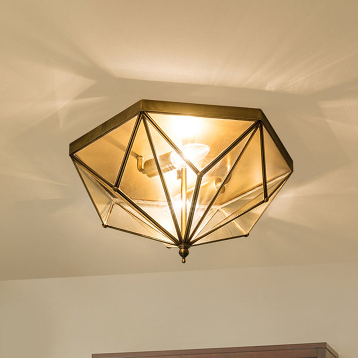 Zeitgenössische Einfachheit Polygonaler Kegel Vollkupfer Glas Lampenschirm 2 - Licht Deckenleuchte für Wohnzimmer 
