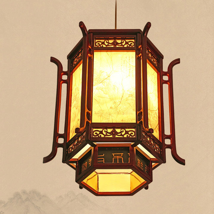 Abat-jour en forme de lanterne chinoise traditionnelle en fausse peau de mouton 1 - Lustres à une lumière pour salle à manger 