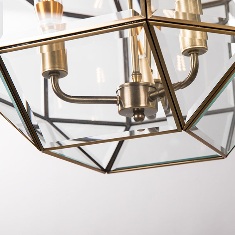 Zeitgenössischer Retro Polygonale Kugel Vollkupfer-Glas-Lampenschirm 3/4 - Licht Kronleuchter für Wohnzimmer 