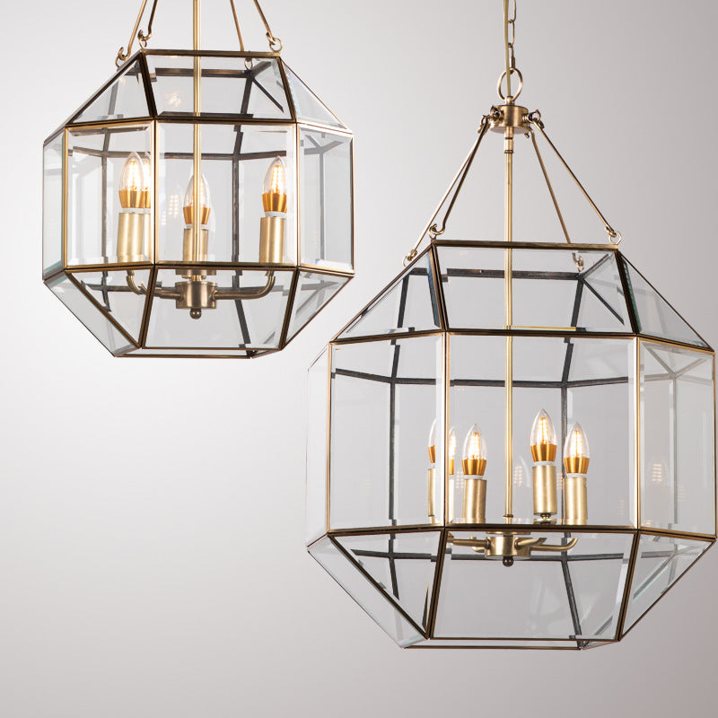 Zeitgenössischer Retro Polygonale Kugel Vollkupfer-Glas-Lampenschirm 3/4 - Licht Kronleuchter für Wohnzimmer 